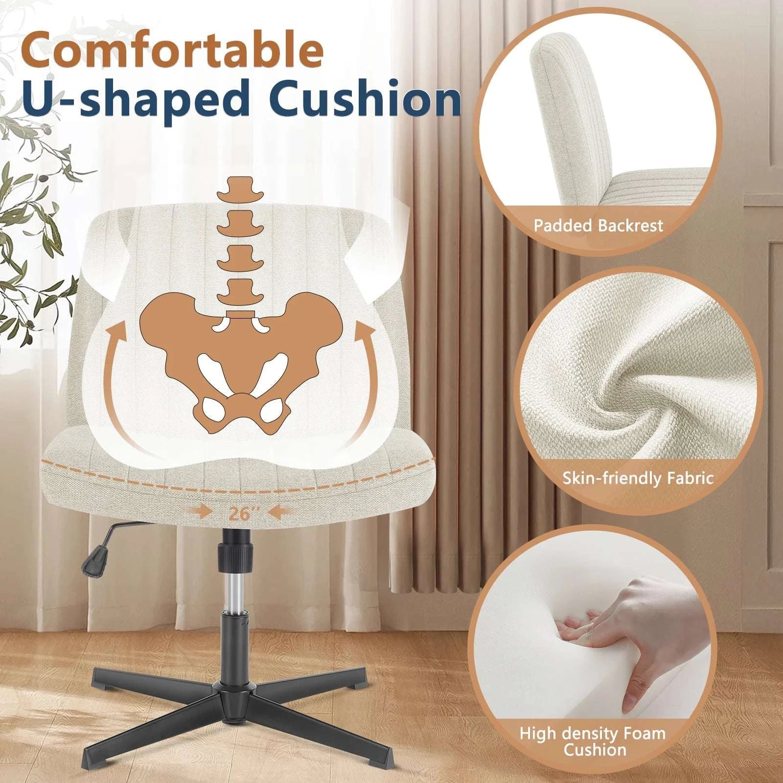 Wide Cross-Legged Office Chair Armless Adjustable Swivel Seat-leather brown / United States