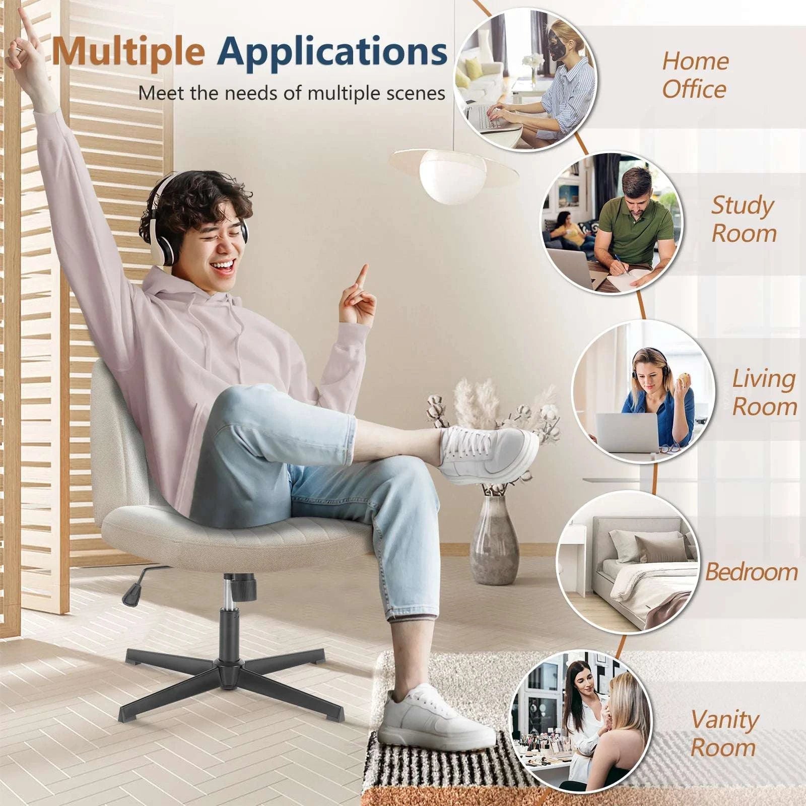 Wide Cross-Legged Office Chair Armless Adjustable Swivel Seat-leather brown / United States