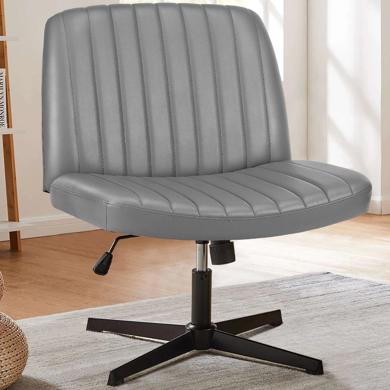 Wide Cross-Legged Office Chair Armless Adjustable Swivel Seat-leather brown / United States