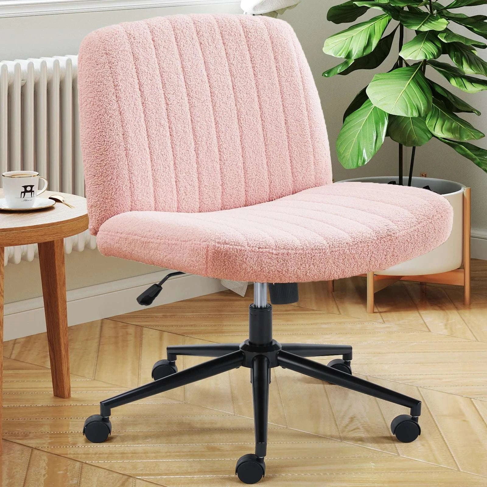 Wide Cross Legged Office Chair Armless Swivel Adjustable Desk Chair-Teddy velvet Beige / United States