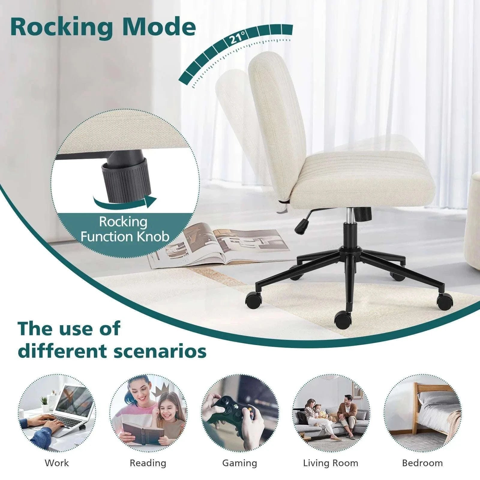 Wide Cross Legged Office Chair Armless Swivel Adjustable Desk Chair-Teddy velvet Beige / United States