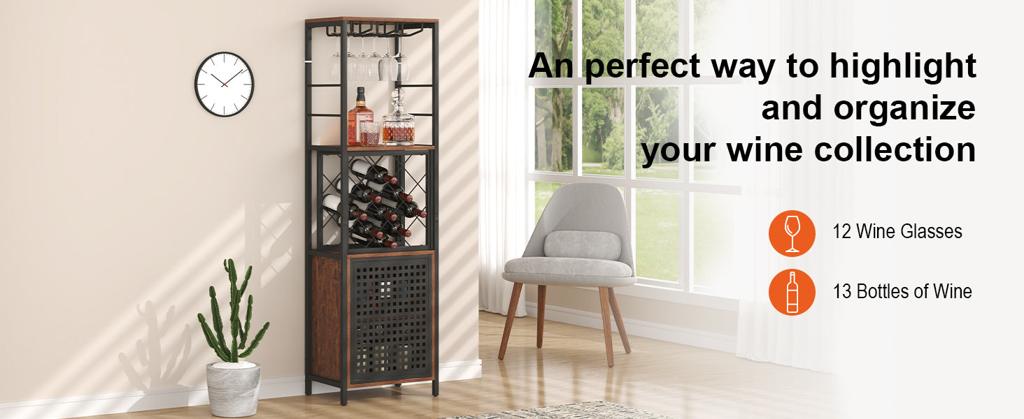 Aparador de vino estilo rústico con soporte para copas, capacidad para 13 botellas