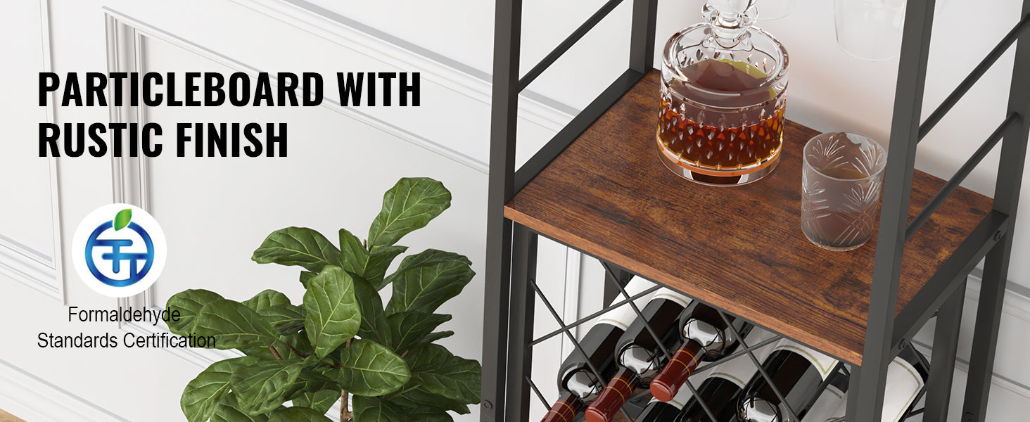 Aparador de vino estilo rústico con soporte para copas, capacidad para 13 botellas
