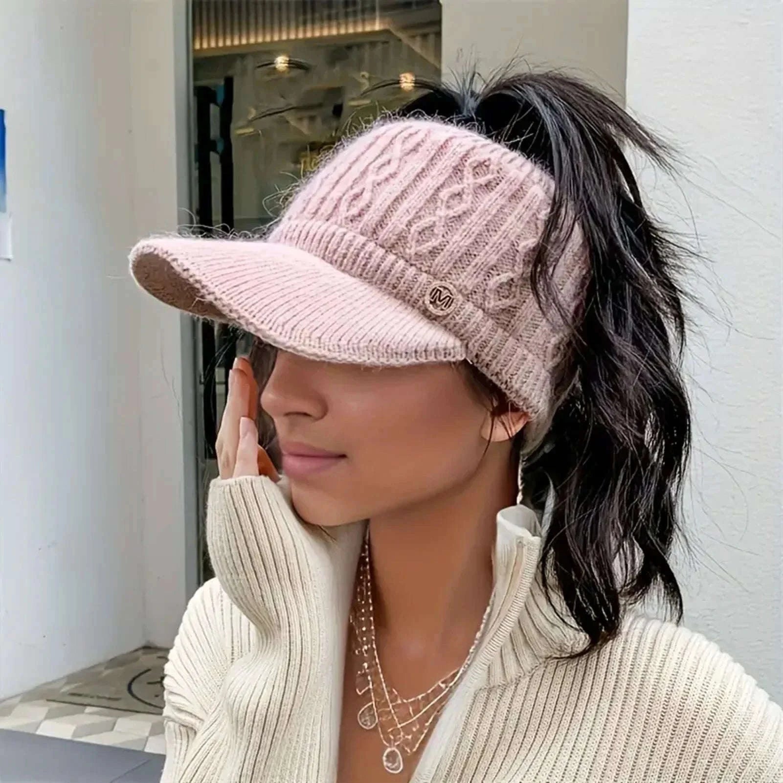 Winter Woolen Ponytail Cap for Women-White