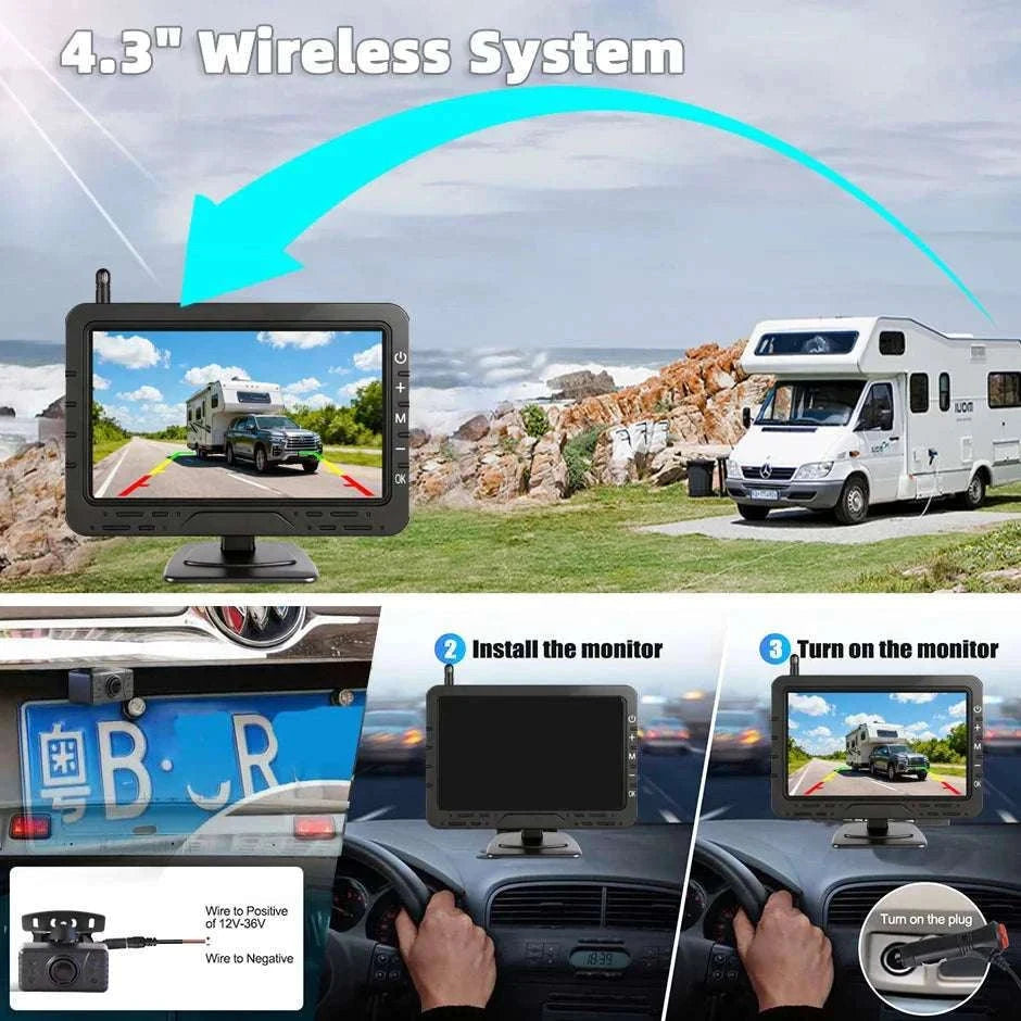 Wireless 1080P Backup Camera with 4.3" Monitor for Cars & RVs-12V Monitor with Cam