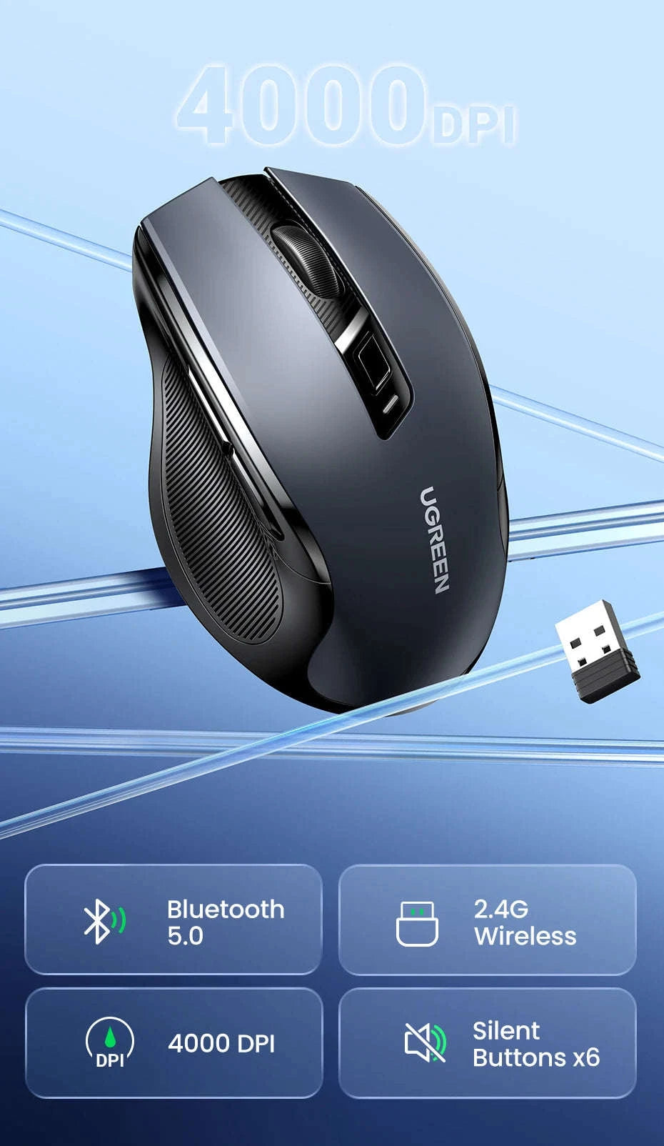 Wireless Bluetooth Mouse with Ergonomic Silent Control-BT5.0 and 2.4G Black / CHINA