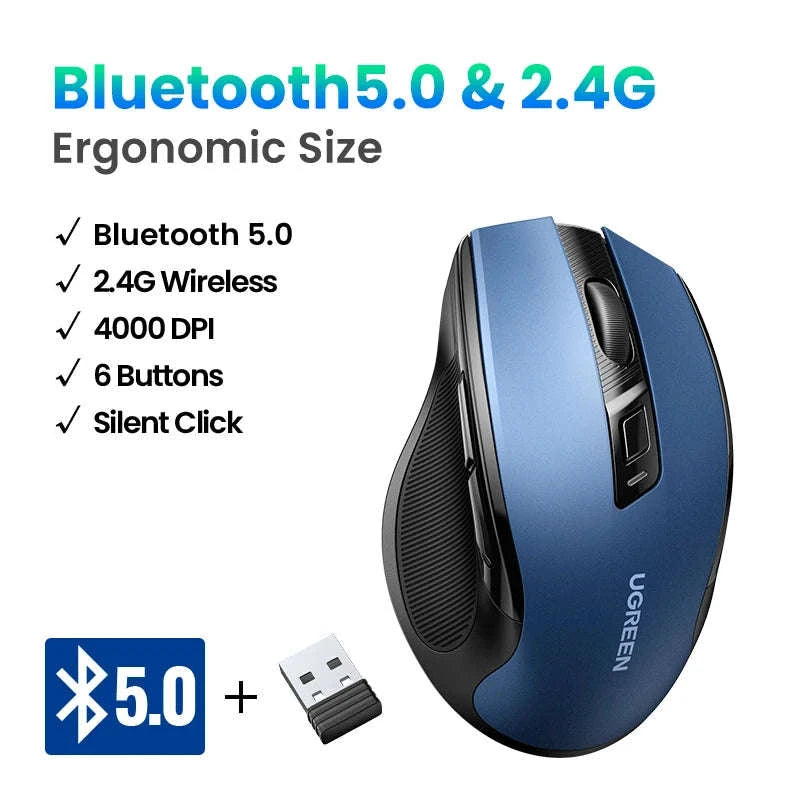 Wireless Bluetooth Mouse with Ergonomic Silent Control-BT5.0 and 2.4G Black / CHINA