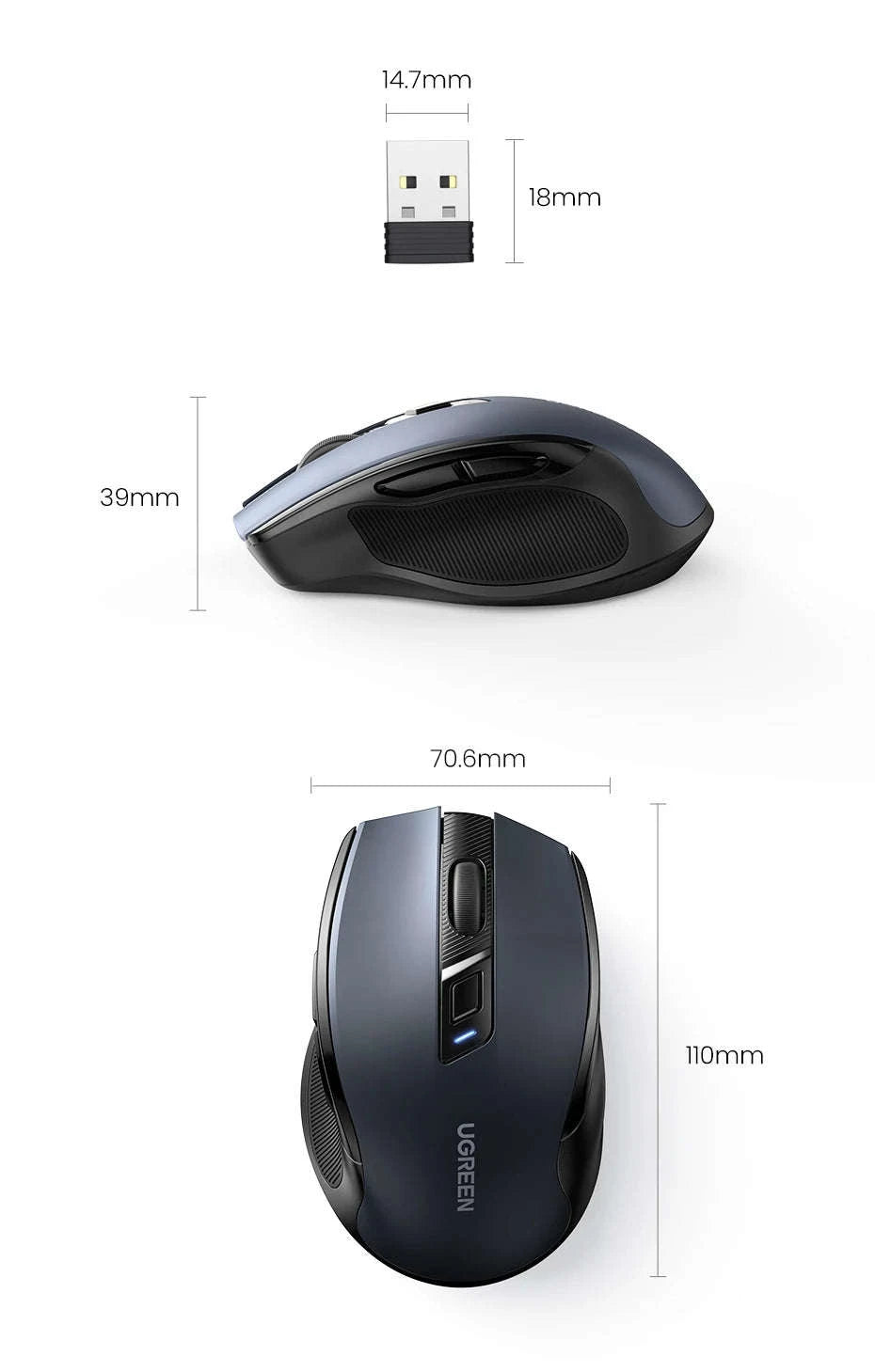 Wireless Bluetooth Mouse with Ergonomic Silent Control-BT5.0 and 2.4G Black / CHINA