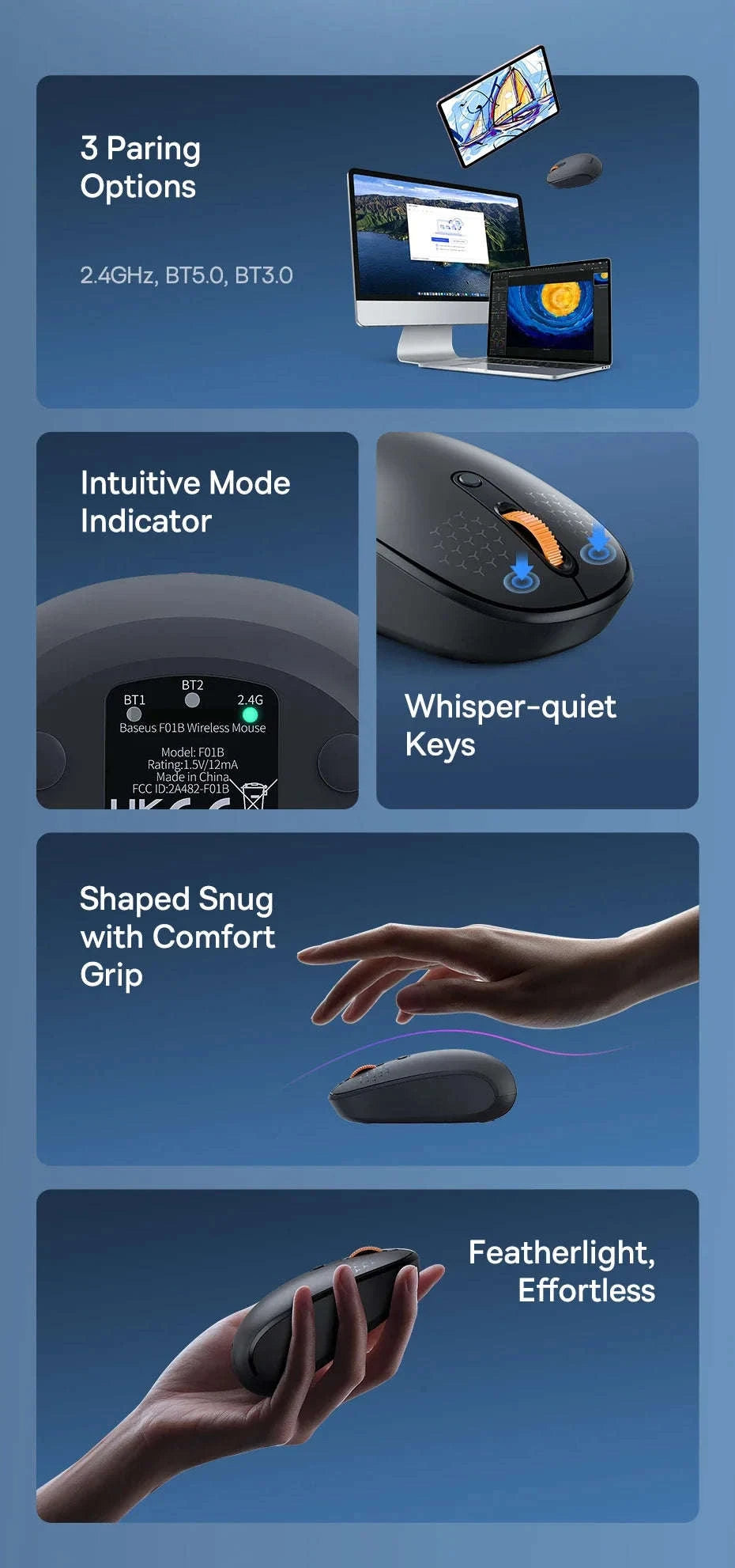 Wireless Bluetooth Mouse with Silent Click & Tri-Mode Connection-Black-BT and 2.4G