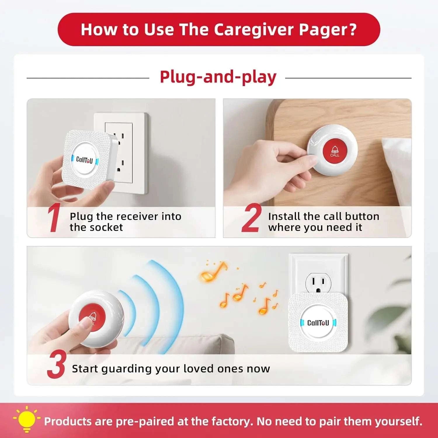 Wireless Caregiver Pager System with 3 Receivers & 500ft Range-United States