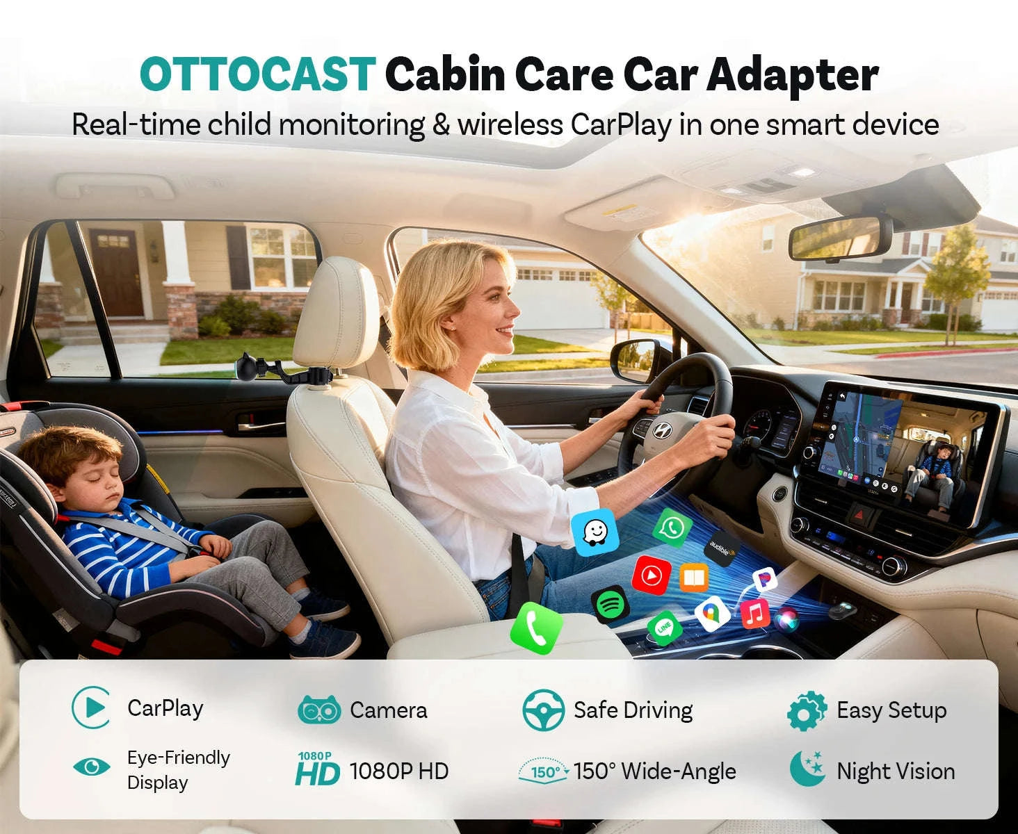 Wireless CarPlay Adapter with 1080P Baby Camera & Backseat Monitor-Cabin Care