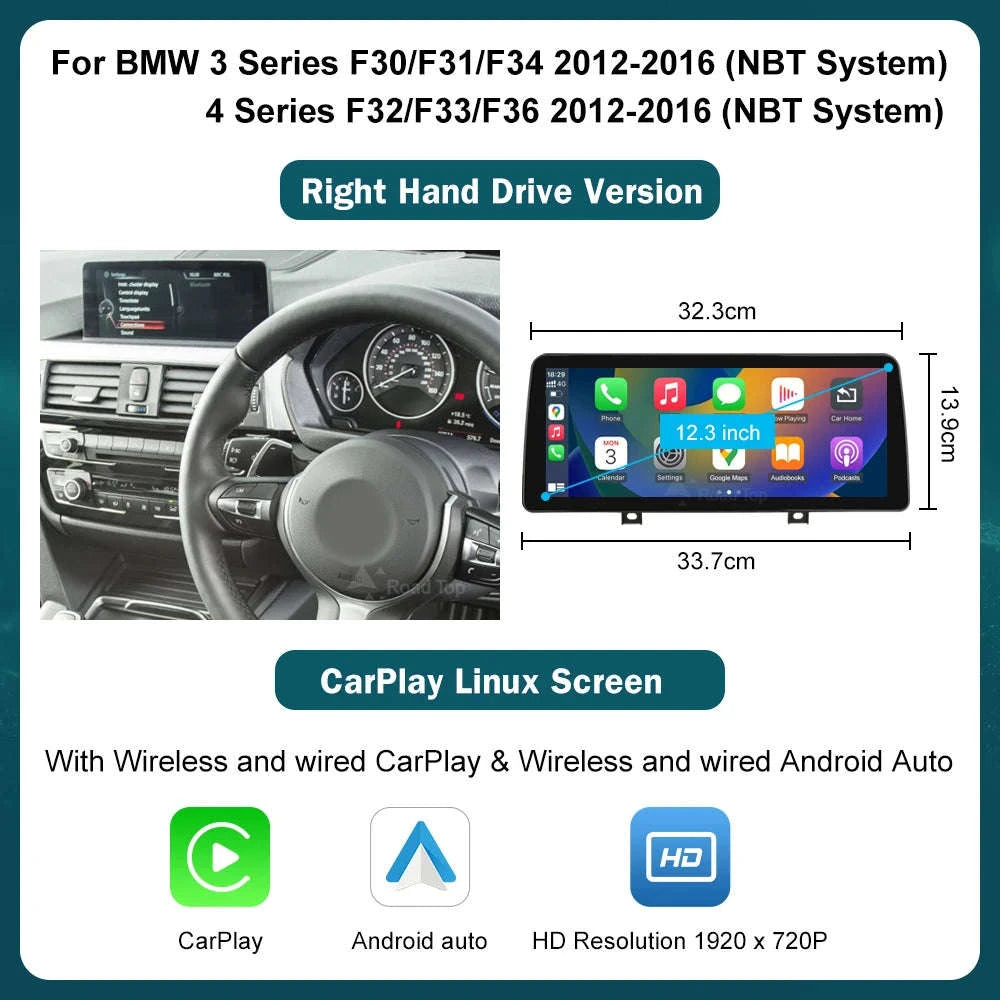Wireless CarPlay Display for BMW 1–4 Series-12.3 RHD F30 NBT / UNITED KINGDOM