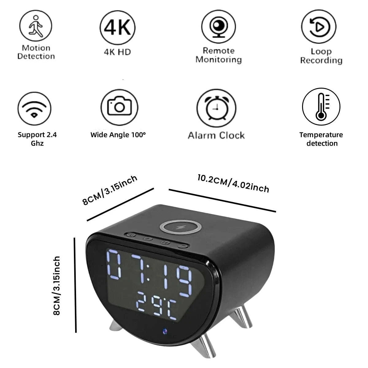 Wireless Charging Alarm Clock Camera 4K HD Surveillance-China Mainland