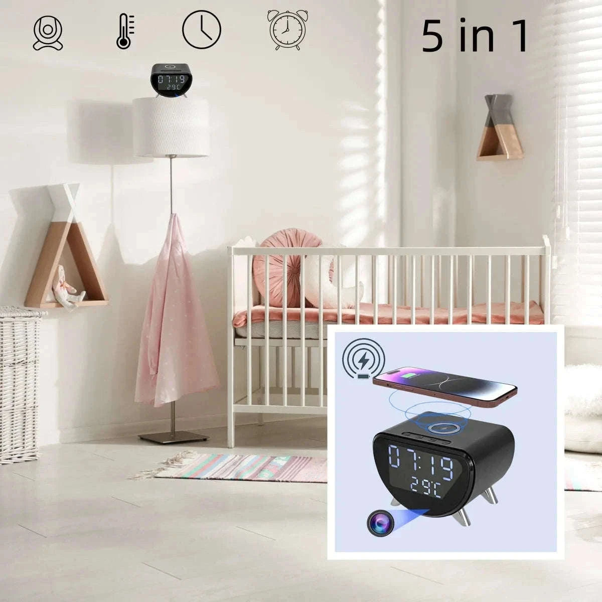 Wireless Charging Alarm Clock Camera with 4K HD Surveillance-China Mainland