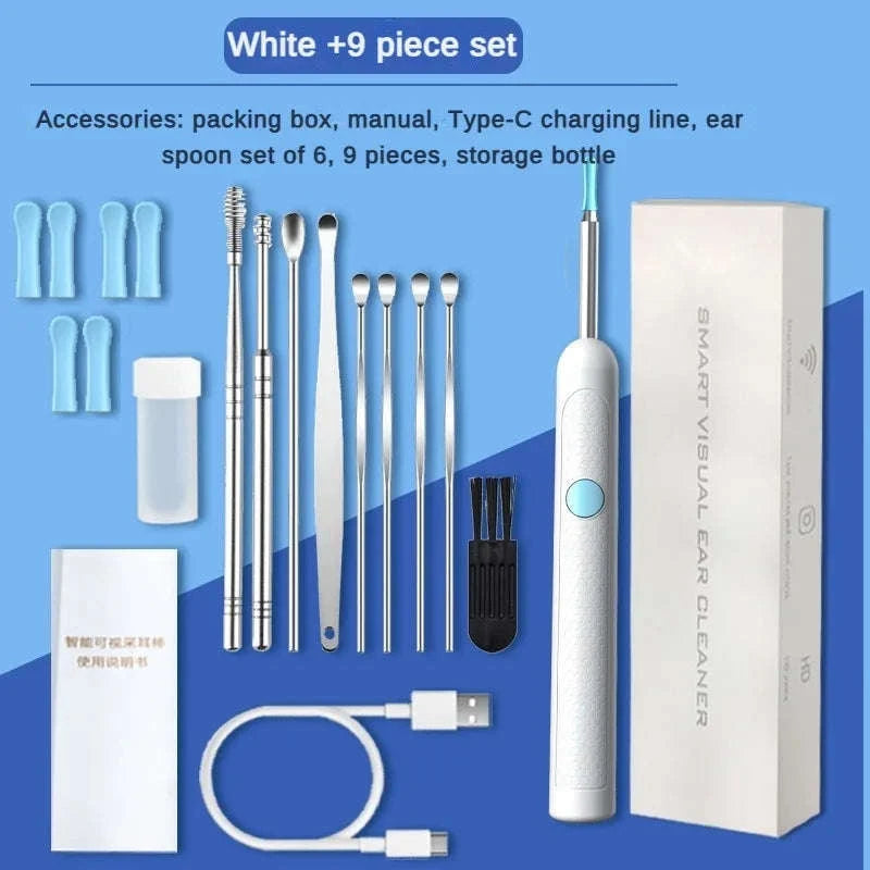 Wireless Ear Cleaner with Camera – Visual Ear Wax Removal Tool-White 9-piece set