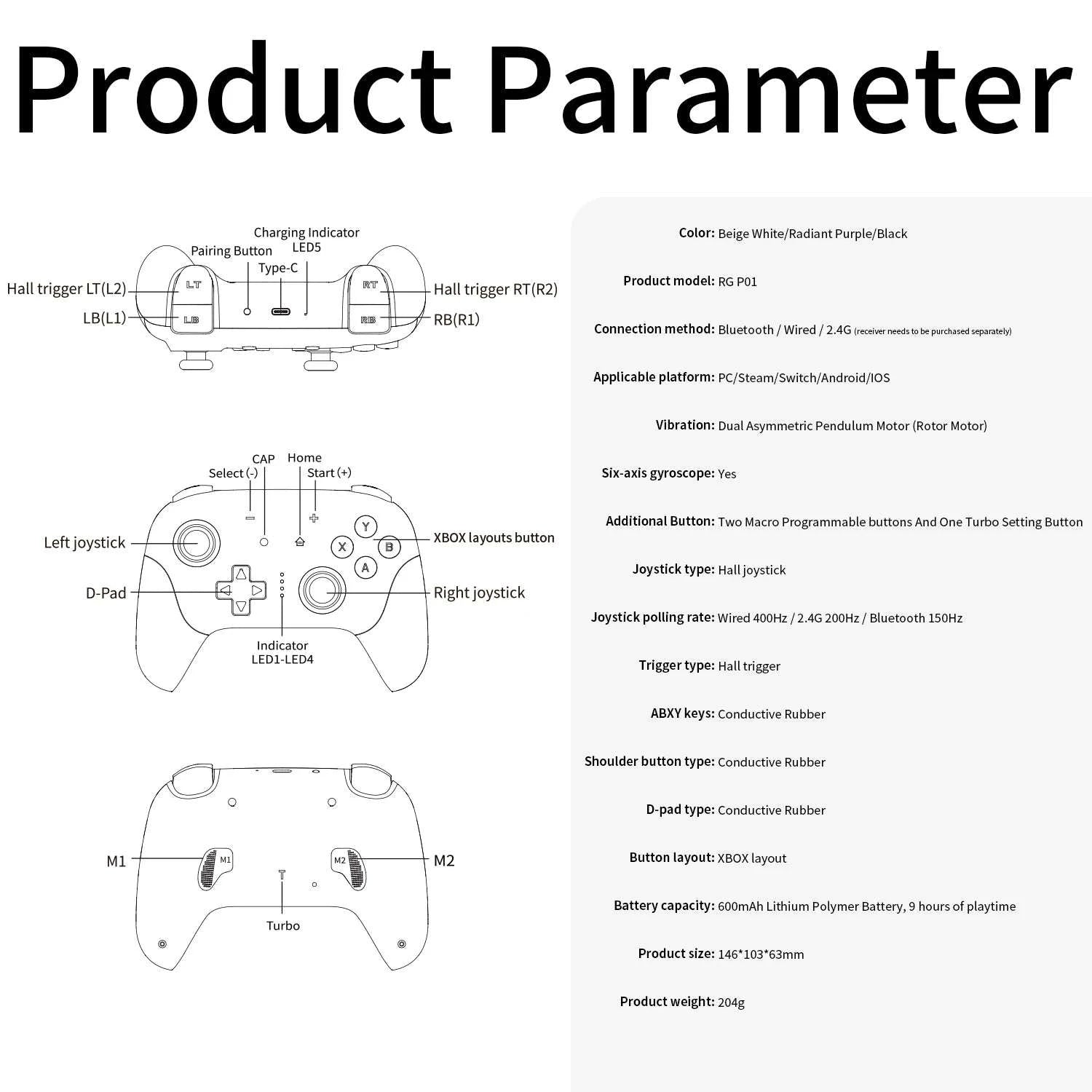 Wireless Gaming Controller with Hall Effect Triggers and Joysticks-Radiant Purple / United States