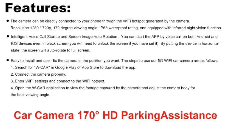 Wireless HD Car Rearview Camera 170° Waterproof 12V/24V-ACC