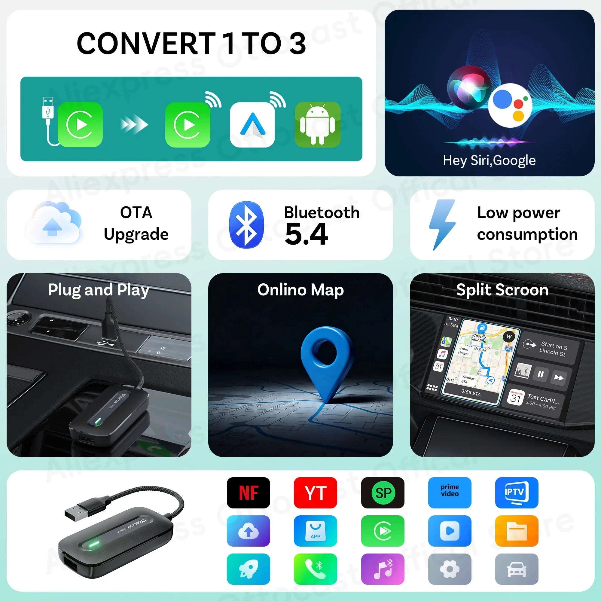 Wireless In-Car Phone Adapter with Pre-Installed Video Apps-515T2 YQK2 / 16G