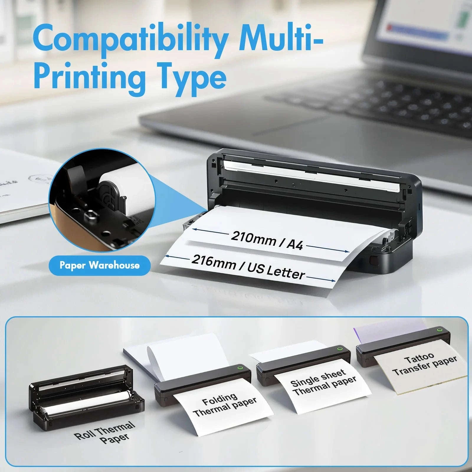 Wireless Inkless Thermal A4 Printer for Travel, Office, School-black / United States