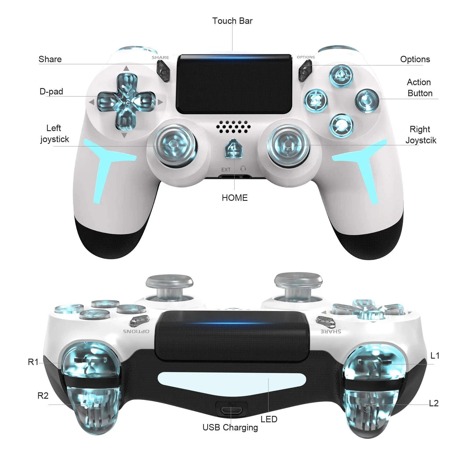 Wireless PS4 Controller with RGB Light, Bluetooth, Vibration & Gyro-White / United States