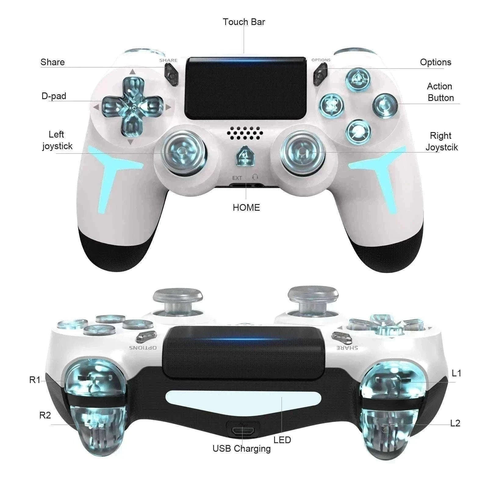 Wireless PS4 Controller with RGB Light, Bluetooth, Vibration & Gyro-White / United States