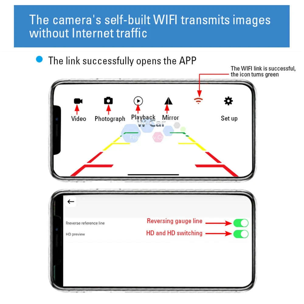 Wireless Rear View Camera with Wi-Fi, HD 720P, Waterproof, 12V/24V-For 12-24V Cars