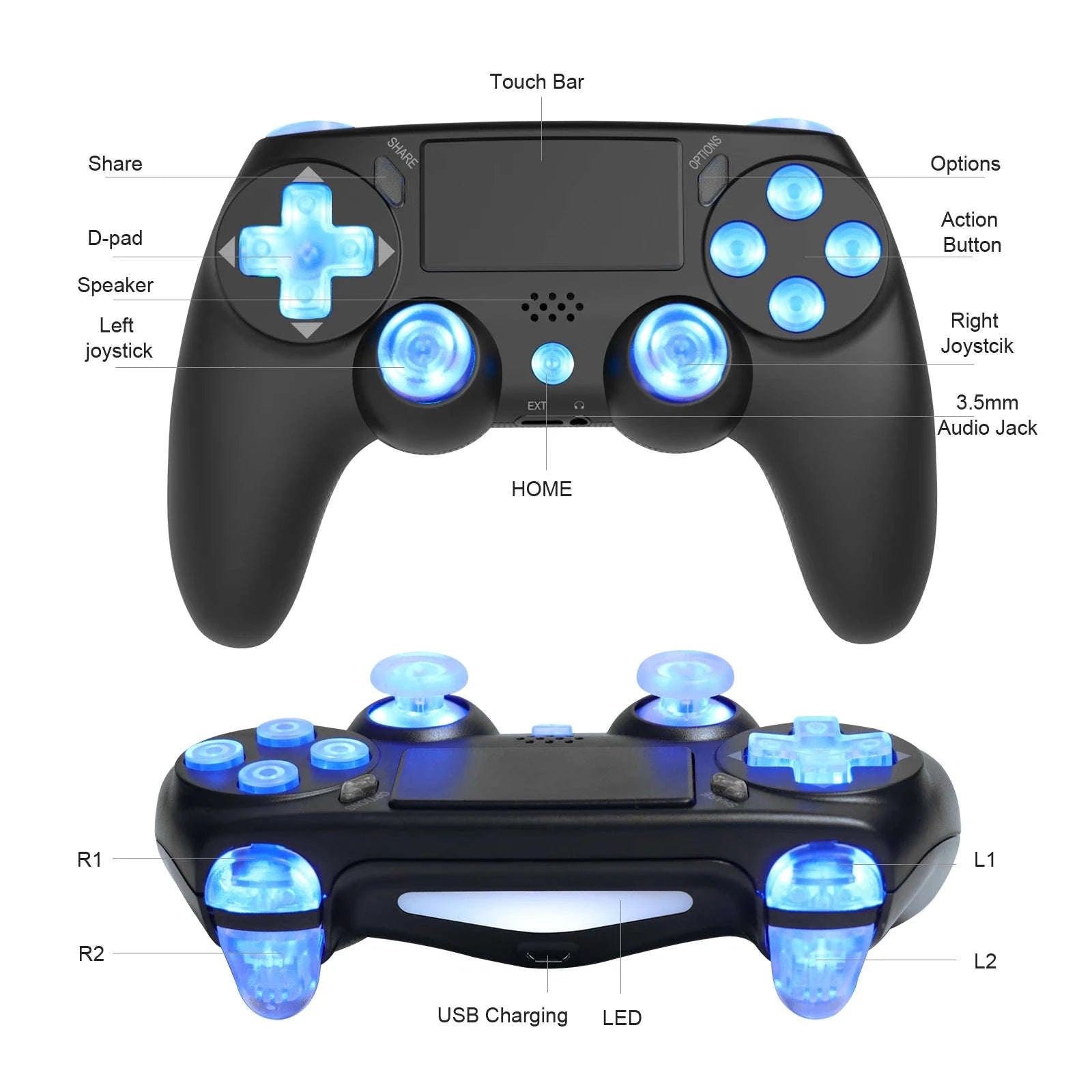 Wireless RGB Controller with Dual Vibration for PS4, PS3 & PC-Blue