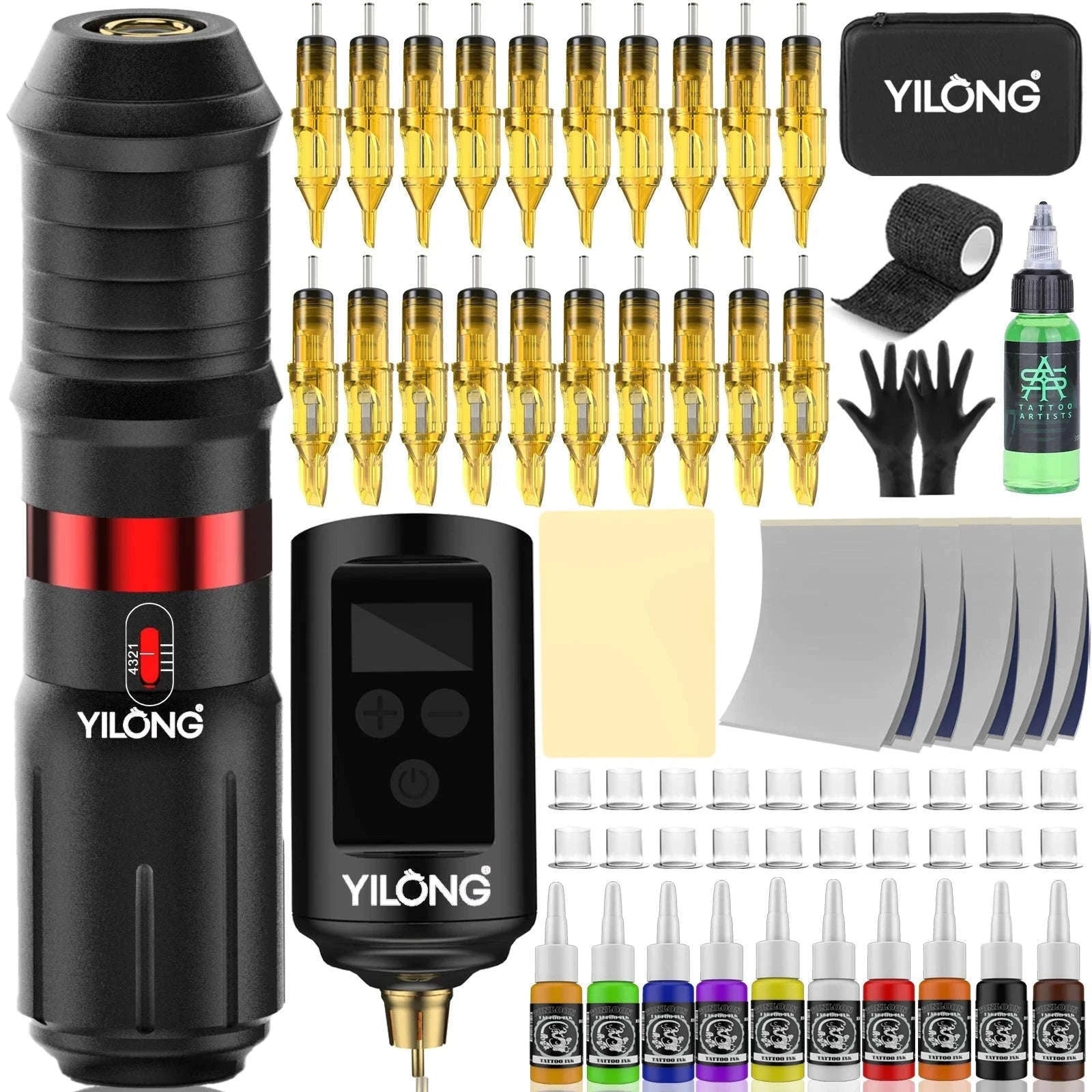 Wireless Rotary Tattoo Machine Kit with Battery and 20 Cartridges-TATTOO KIT / United States
