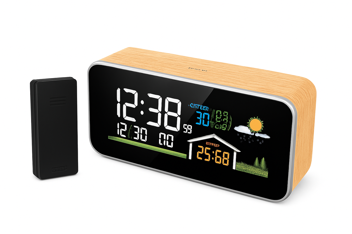 Wireless Weather Station Wooden Alarm Clock Digital Thermometer Humidity Temperature Wireless Sensor Home TimeWatch Desktop