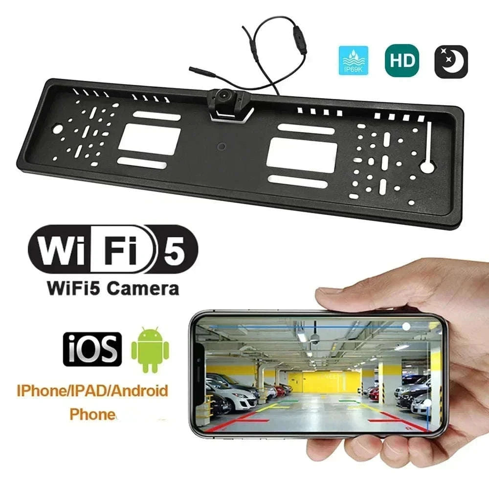 Wireless WiFi European License Plate Frame Rear View Camera-Germany / 12 V / Black