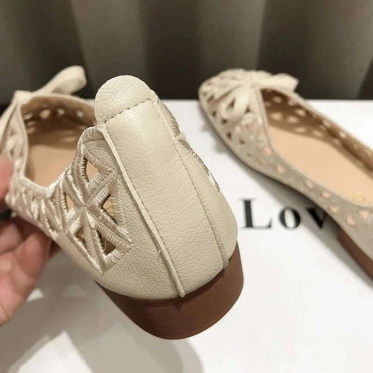 Women Flat Sandals Beige Peep-Toe Cut-Out Slip-On Shoes-Beige / 35