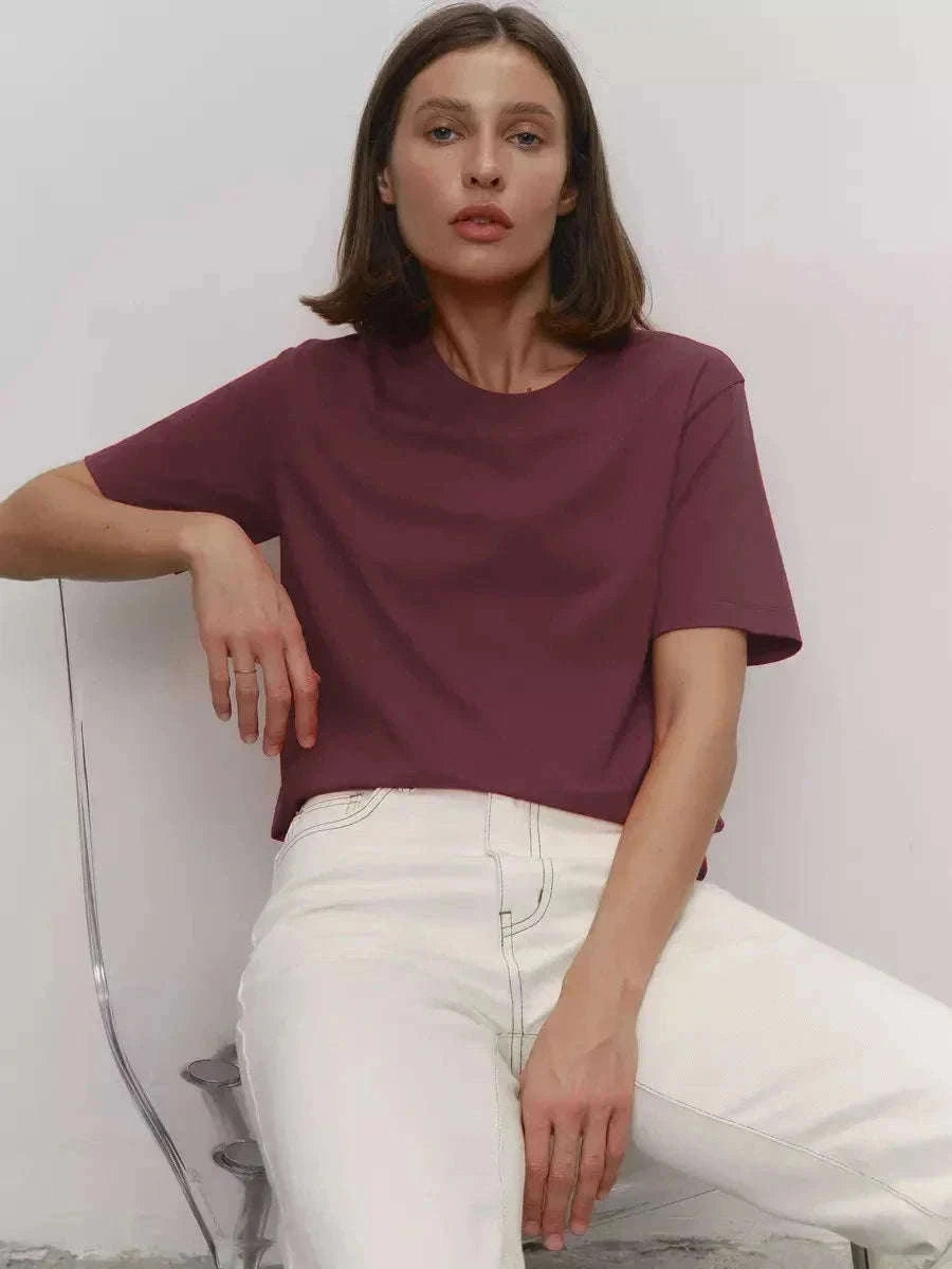 Women's 100% Cotton Loose Fit Short Sleeve Basic T-Shirt-Light Purple / M