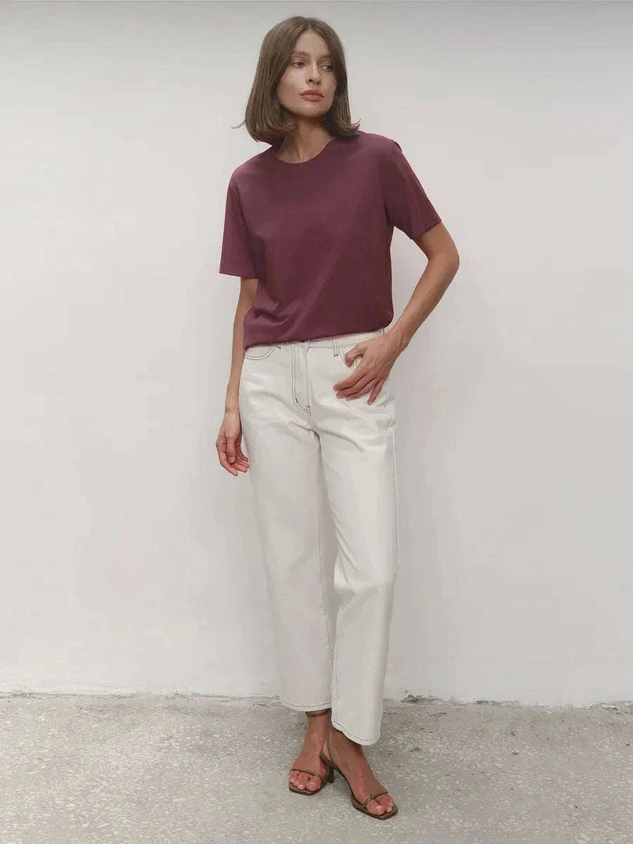 Women's 100% Cotton Loose Fit Short Sleeve Basic T-Shirt-Light Purple / M