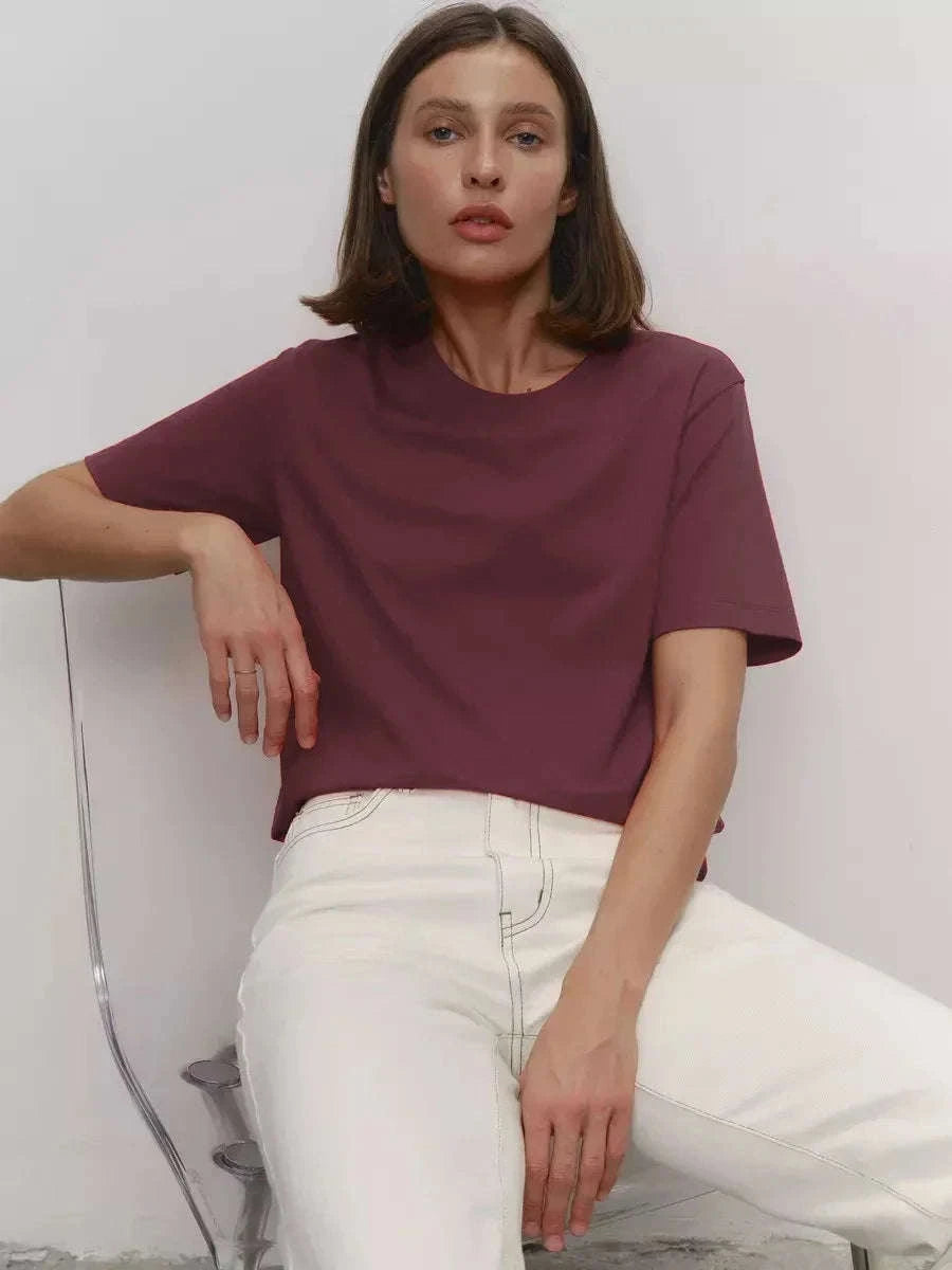 Women's 100% Cotton Loose Fit Short Sleeve Basic T-Shirt-Light Purple / M