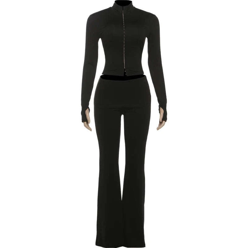 Women’s 2 Piece Crop Top and Straight Pants Set – Slim Fit Autumn Outfit-black / L