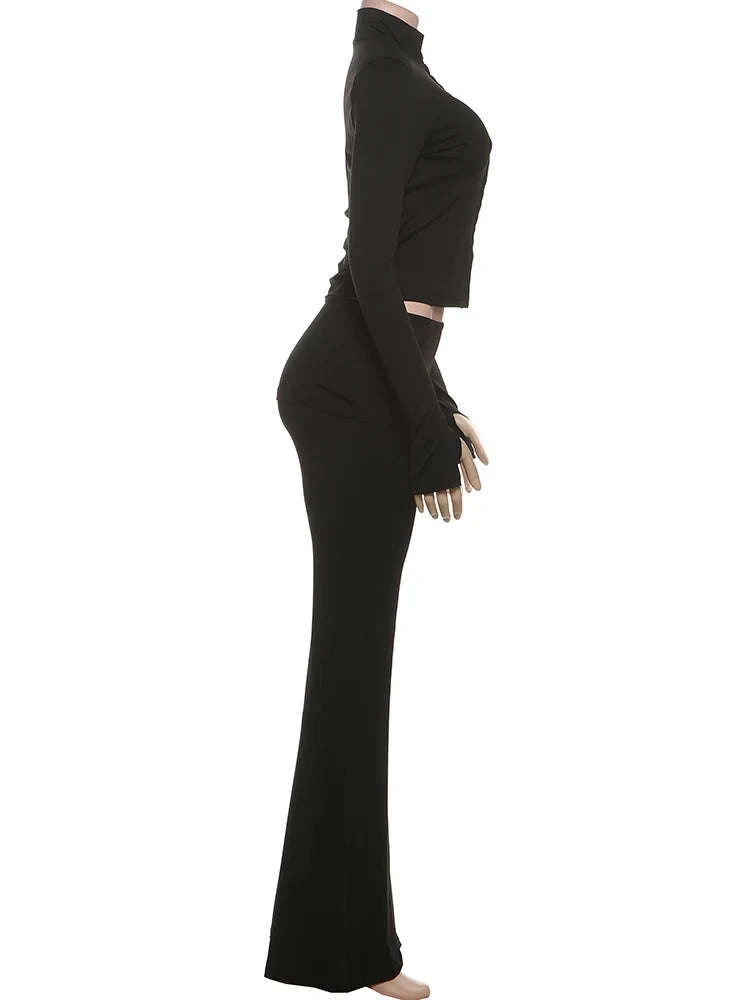 Women’s 2 Piece Crop Top and Straight Pants Set – Slim Fit Autumn Outfit-black / L