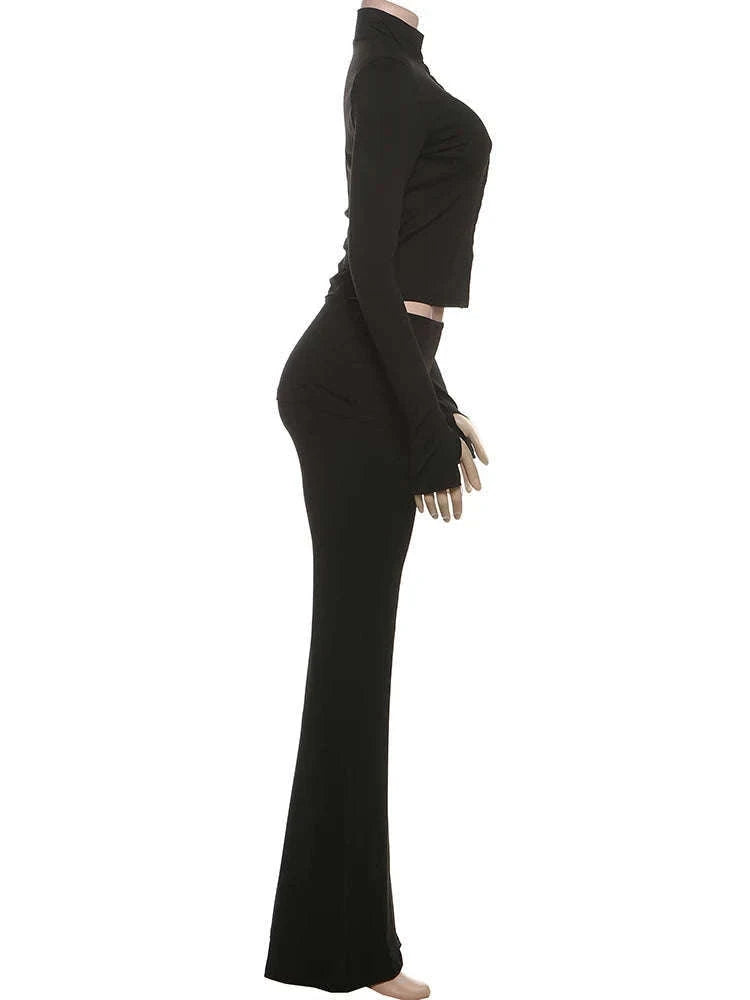 Women’s 2 Piece Crop Top and Straight Pants Set – Slim Fit Autumn Outfit-black / L