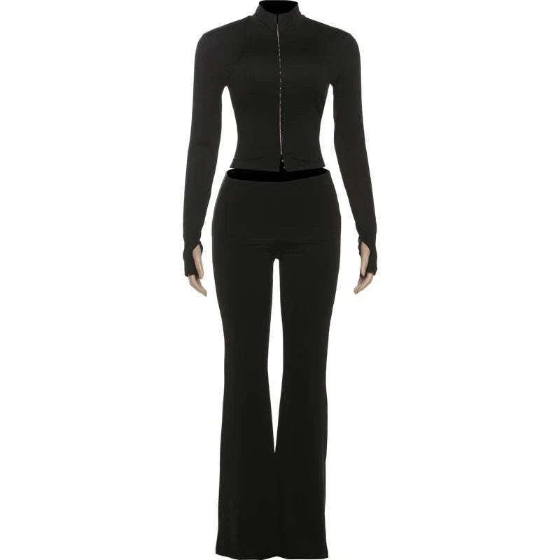 Women’s 2 Piece Crop Top and Straight Pants Set – Slim Fit Autumn Outfit-black / L