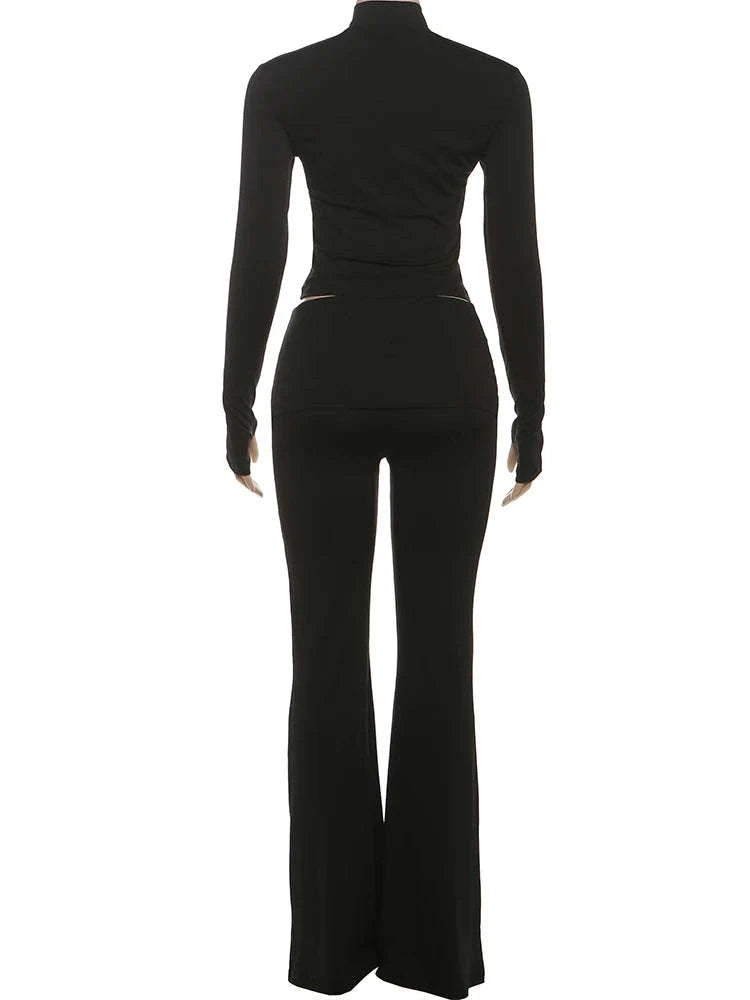 Women’s 2 Piece Crop Top and Straight Pants Set – Slim Fit Autumn Outfit-black / L