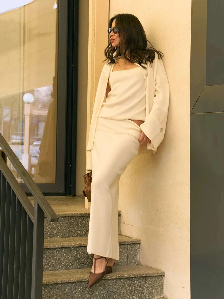 Women’s 3-Piece Knitted Skirt Set Cardigan Camisole Outfit-Brown / L