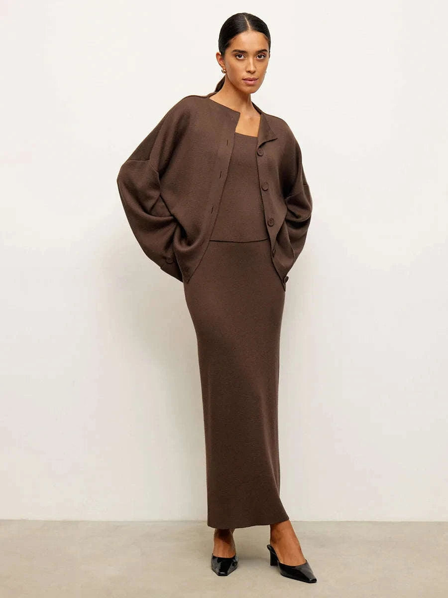 Women’s 3-Piece Knitted Skirt Set Cardigan Camisole Outfit-Brown / L