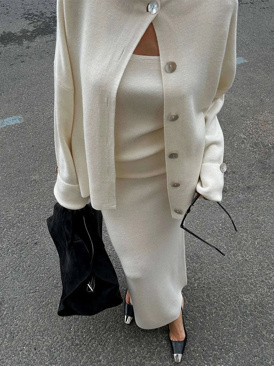 Women’s 3-Piece Knitted Skirt Set Cardigan Camisole Outfit-Brown / L