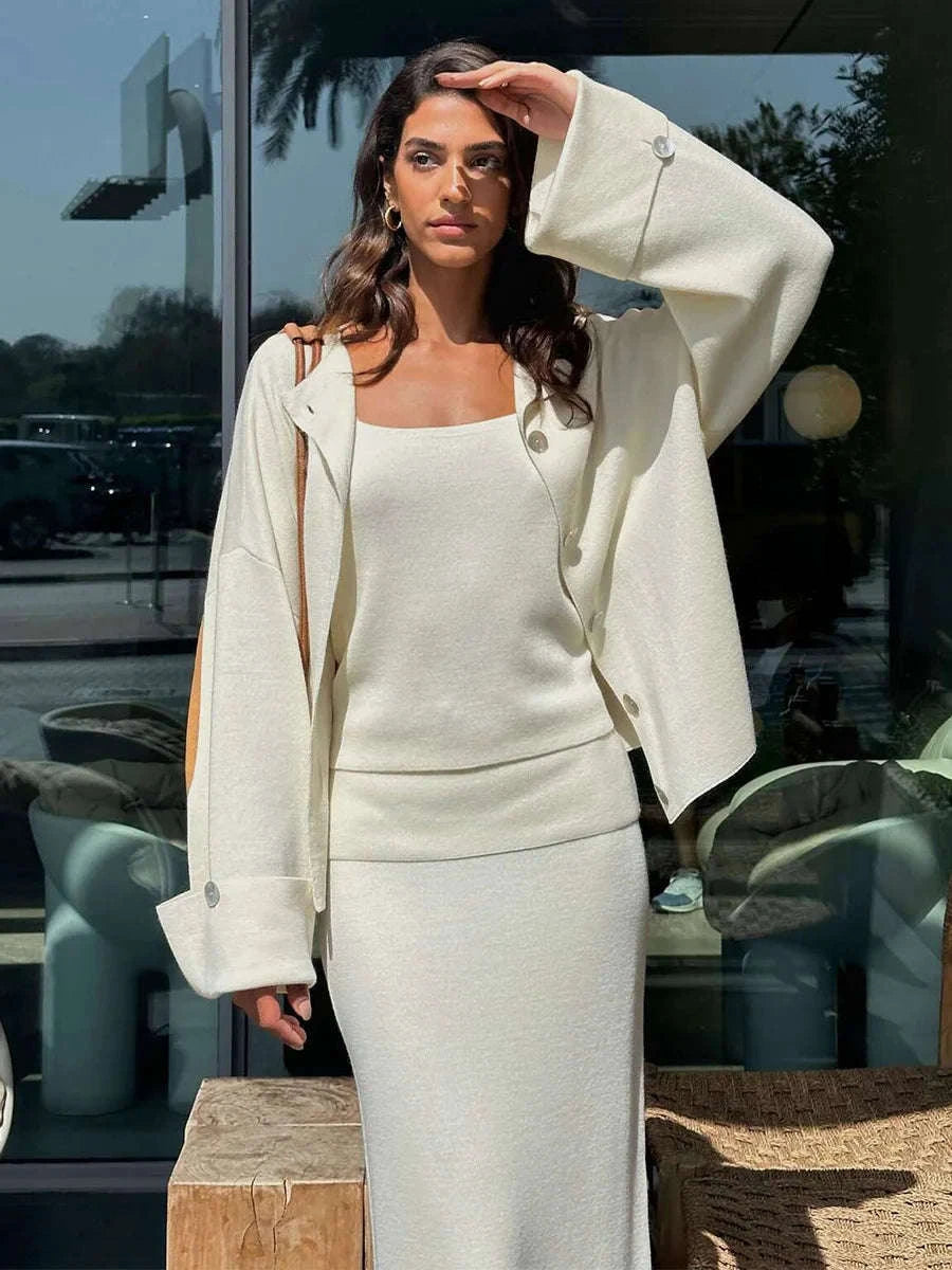 Women’s 3-Piece Knitted Skirt Set Cardigan Camisole Outfit-Brown / L
