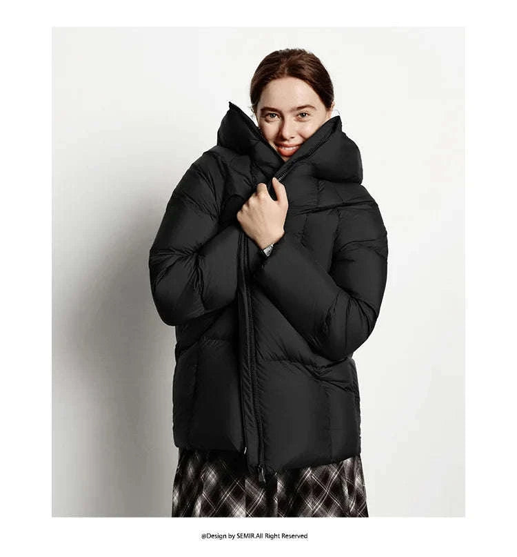 Women's 90% Down Mid-Length Winter Jacket with Hood & Stain Protection-Black / XS / China Mainland