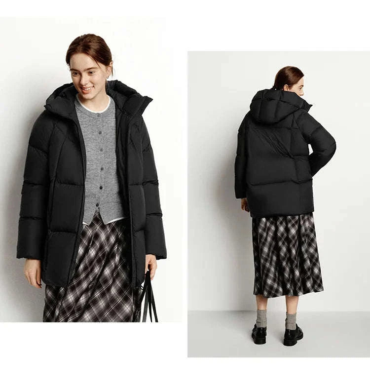 Women's 90% Down Mid-Length Winter Jacket with Hood & Stain Protection-Black / XS / China Mainland