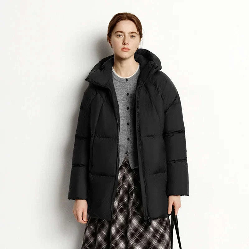 Women's 90% Down Mid-Length Winter Jacket with Hood & Stain Protection-Black / XS / China Mainland