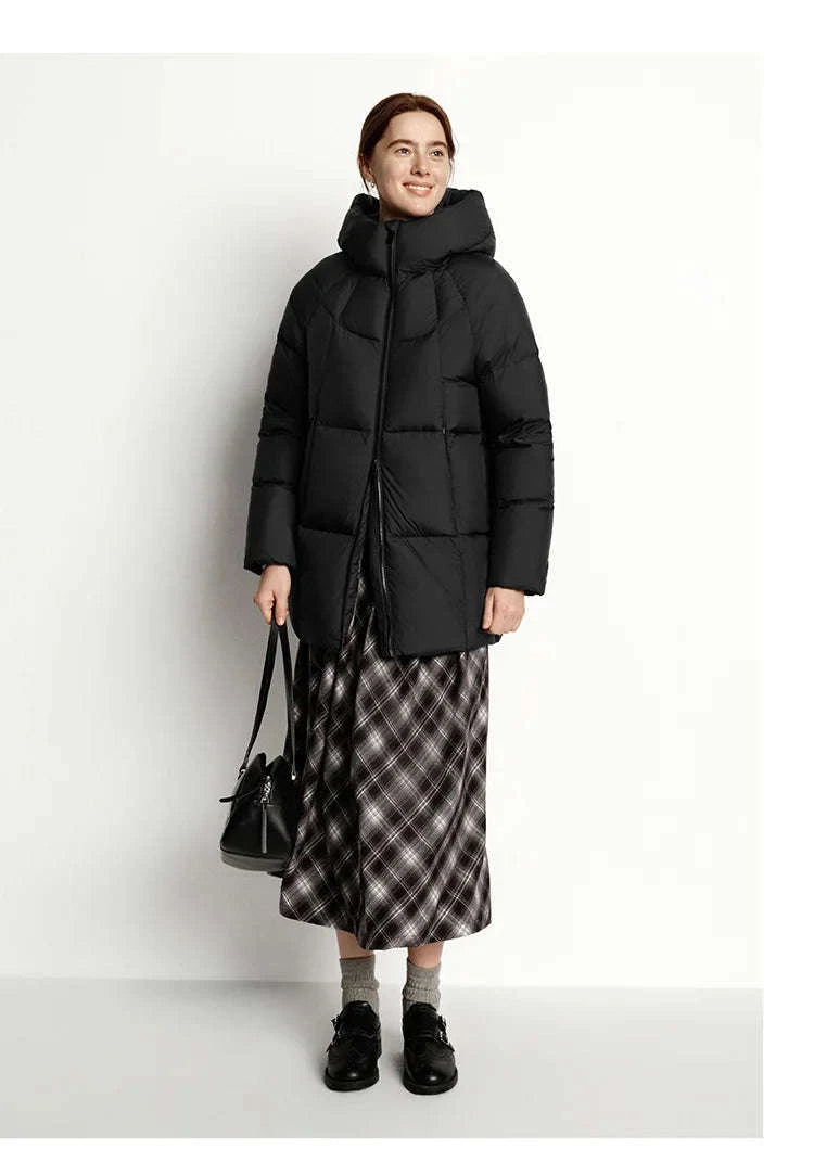Women's 90% Down Mid-Length Winter Jacket with Hood & Stain Protection-Black / XS / China Mainland