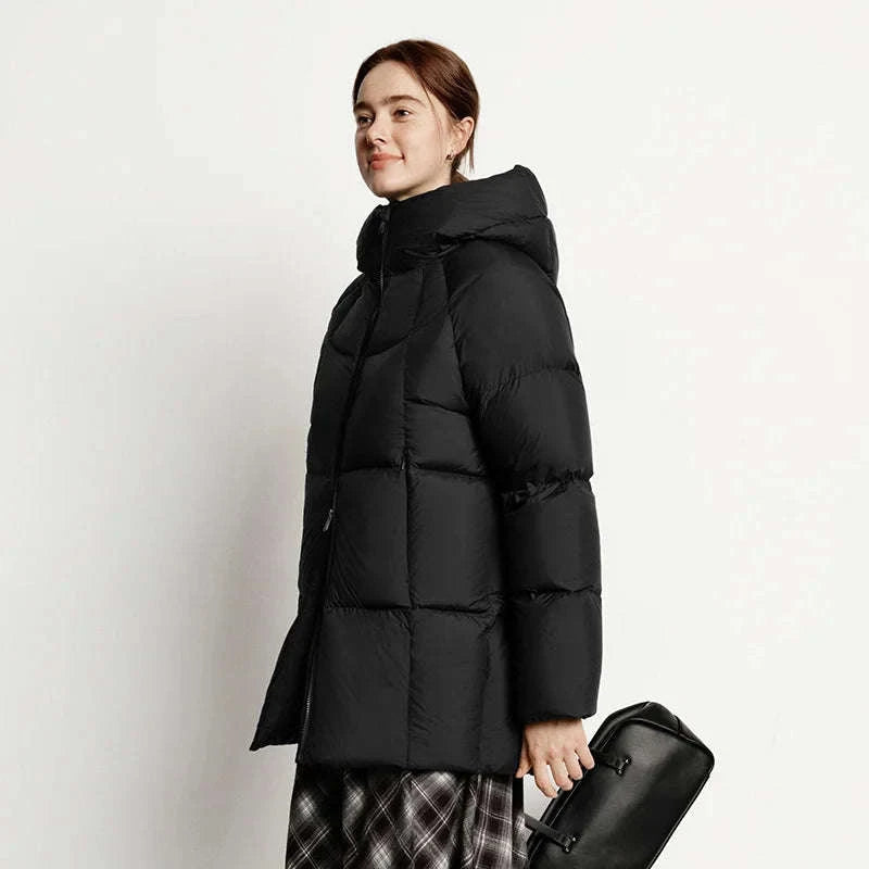 Women's 90% Down Mid-Length Winter Jacket with Hood & Stain Protection-Black / XS / China Mainland