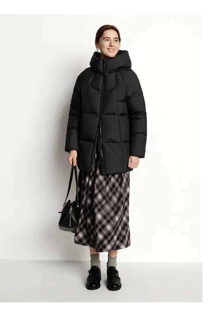 Women's 90% Down Mid-Length Winter Jacket with Hood & Stain Protection-Black / XS / China Mainland