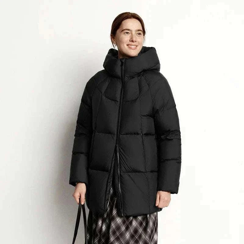 Women's 90% Down Mid-Length Winter Jacket with Hood & Stain Protection-Black / XS / China Mainland
